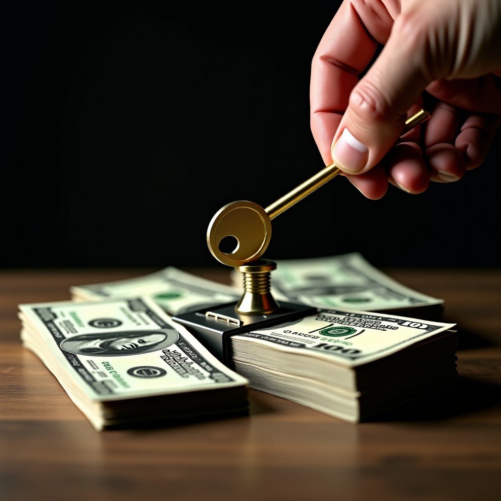 A conceptual image of a golden key tightening a metal vise around stacks of currency, representing capital squeeze, high contrast, dramatic shadows, realistic photography, 4:3