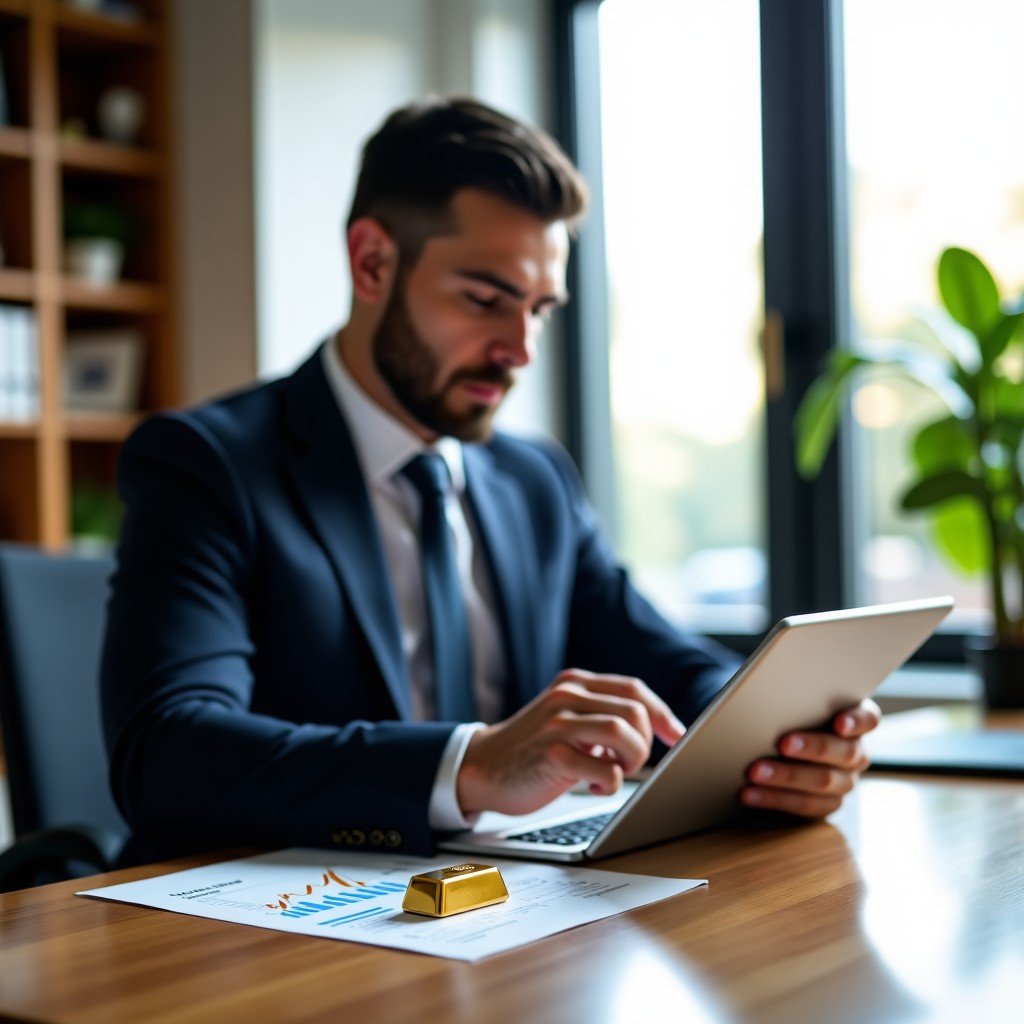 A professional investor in a suit looking at a tablet with economic data while sitting in a bright office, a small gold bar sits on the desk as a paperweight, 4:3