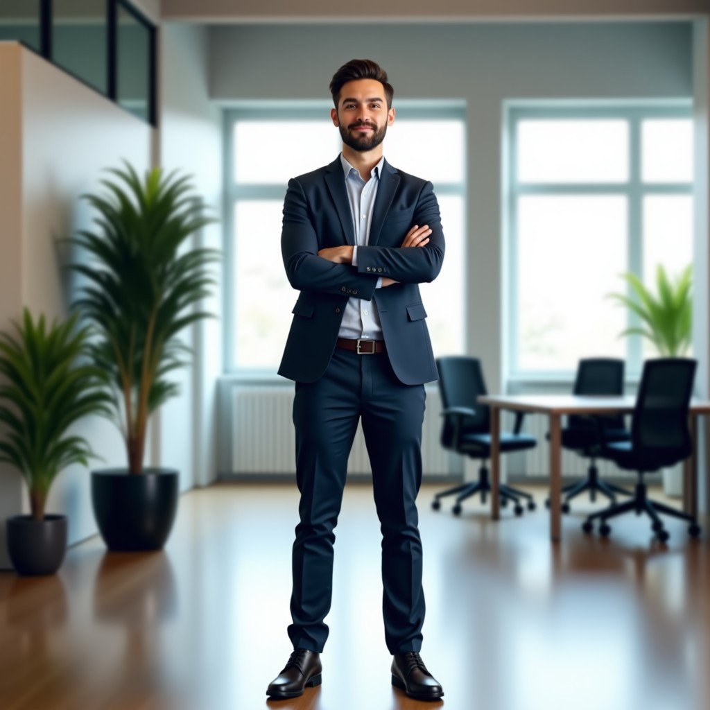 A confident professional person standing in a modern office, showing an open and powerful posture. Neutral colors, professional attire, clear background, 1:1.