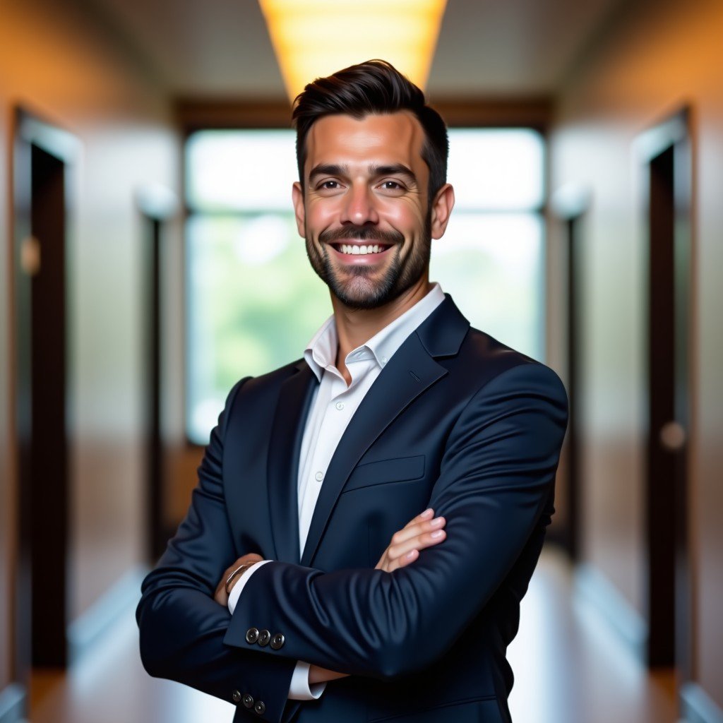 A confident professional standing with a slight smile in a high-end corporate hallway. Professional attire, blurred background, visually rich composition, 4:3