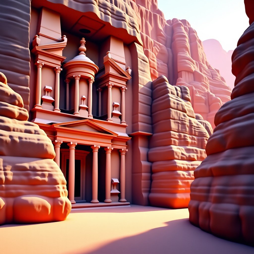 Royal Tombs of Petra carved into the hillside, colorful natural sandstone layers in pink and orange, majestic ancient structures, 4:3