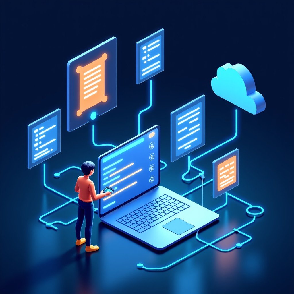 A sophisticated conceptual illustration of an AI agent performing multi-step tasks. Glowing lines connect different digital icons like coding symbols, documents, and data clouds. Clean and modern tech aesthetic, 4:3.