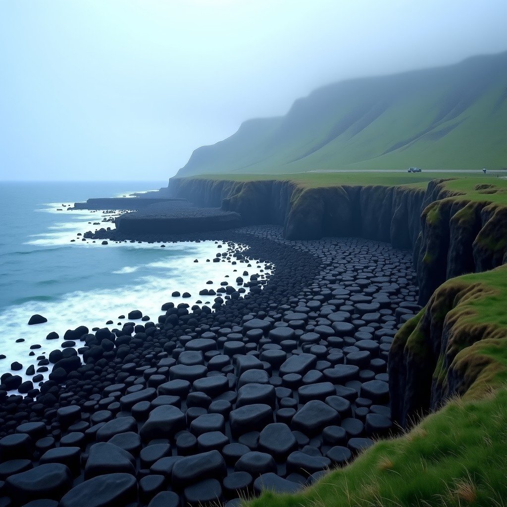 A wide-angle landscape photography of Giant's Causeway in Northern Ireland, showcasing 40,000 interlocking basalt columns by the sea, dramatic coastal cliffs, misty atmosphere, realistic textures, high resolution, 4:3