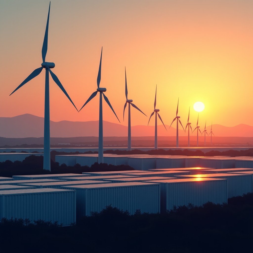 A vast field of modern white wind turbines and rows of industrial battery storage containers at sunset, renewable energy infrastructure, high contrast, 4:3