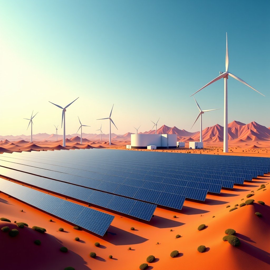 A vast field of solar panels and wind turbines integrated with a high-tech data center facility in a semi-arid Indian landscape, representing green energy and sustainable technology, 4:3