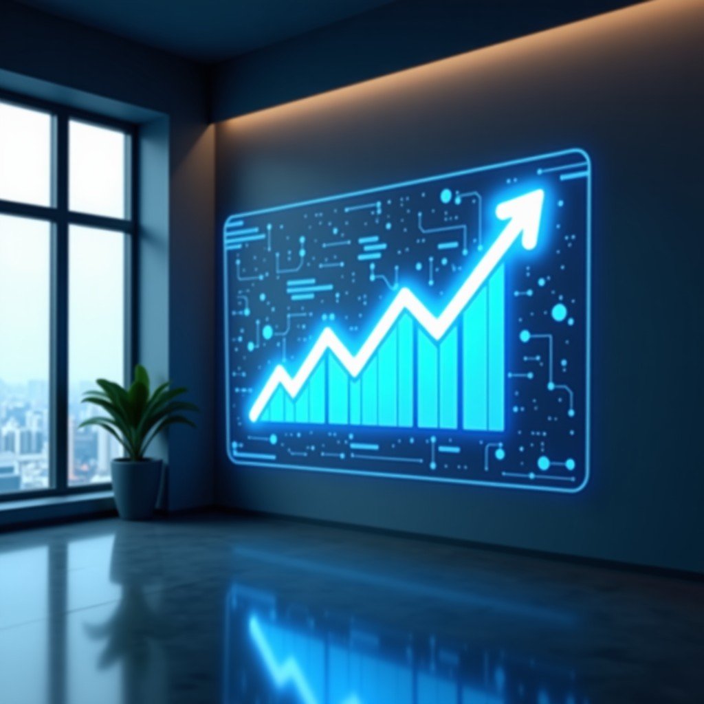 A minimalist high-tech office environment with a digital screen showing a downward trend arrow and AI nodes, professional lighting, 4:3
