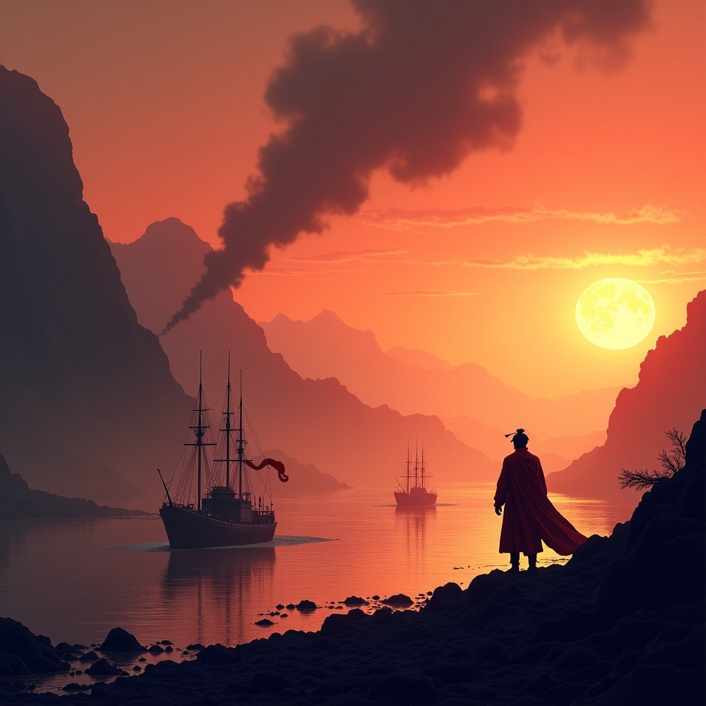 A cinematic illustration of the ancient Chinese battlefield at the Red Cliffs after the fire, smoke rising from broken ships on the Yangtze River, legendary generals standing on the shore with a tense atmosphere, historical fantasy style, cinematic lighting, 1:1