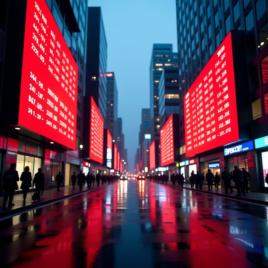 A wide view of a global financial hub like Tokyo or London with large outdoor LED screens displaying red stock market data. Rainy evening city atmosphere with reflections on the street. No visible text or logos. 4:3