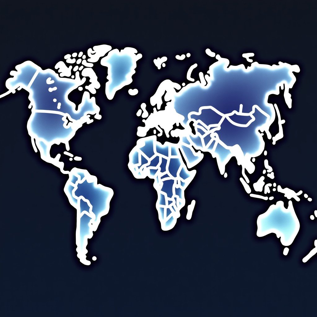 A global map with glowing lines connecting China to various emerging markets in Southeast Asia, Africa, and South America. Digital nodes representing tech exports like AI and 5G. No text. 4:3
