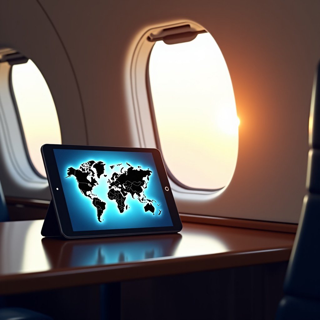 Modern luxury private jet interior with a view of a global map on a tablet screen, soft sunlight coming through the window, ultra-high-definition, realistic style, 4:3