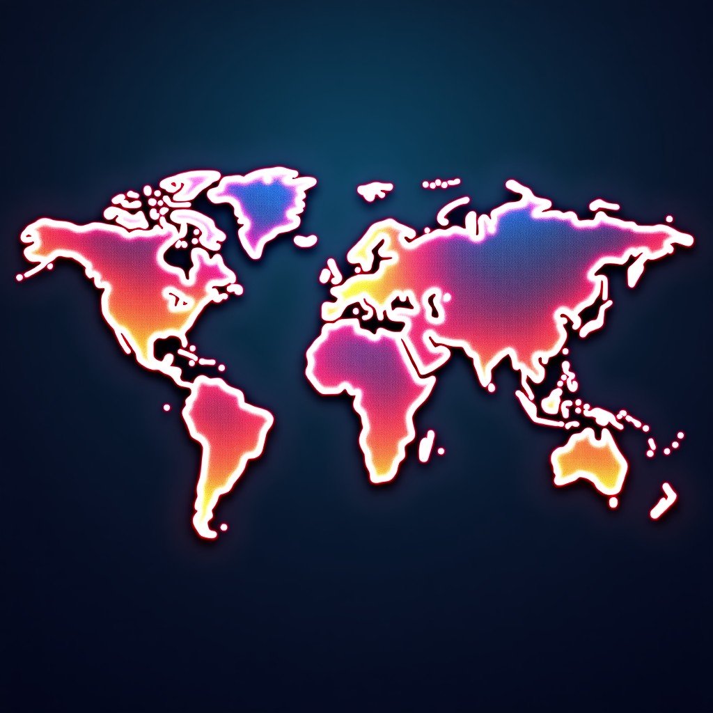An artistic rendering of a glowing digital world map with points of light representing connected hubs in remote areas. Lines of data flow between continents showing the speed and scale of global internet expansion. Vibrant colors on a dark background. 4:3