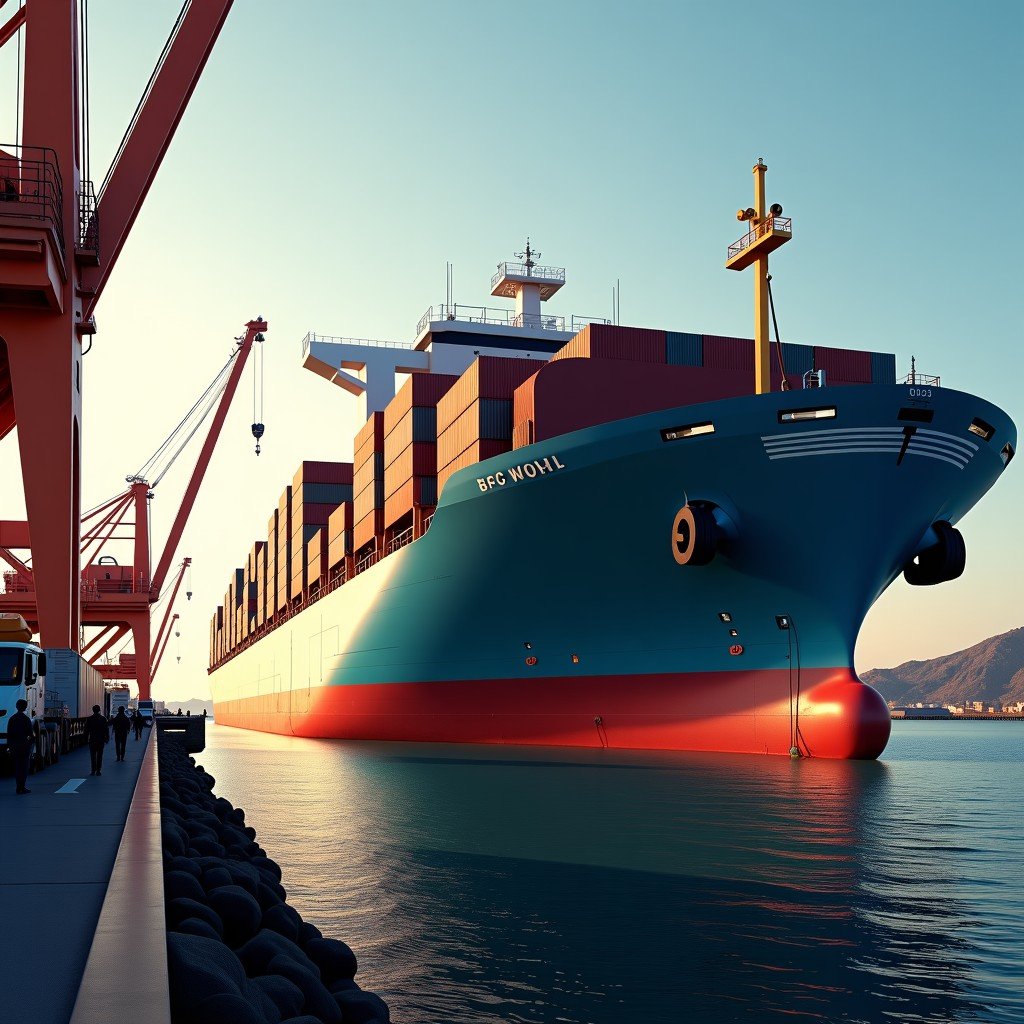 A massive and technologically advanced port in Africa where giant merchant ships are being loaded with high-tech goods. Busy workers, futuristic cranes, lifestyle photography style, bright lighting. 1:1