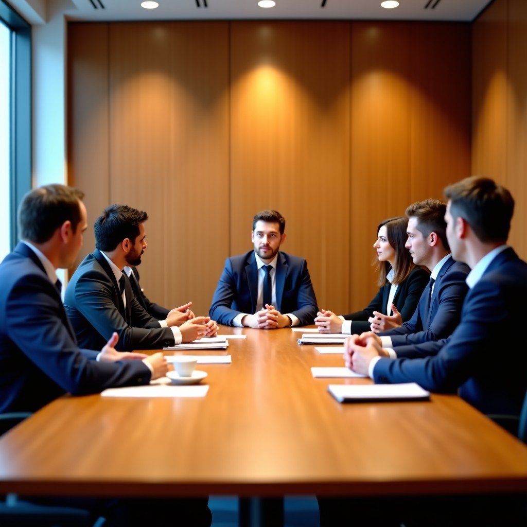 A professional boardroom meeting with diverse executives in business attire discussing around a large wooden table, warm ambient lighting, corporate setting, 4:3