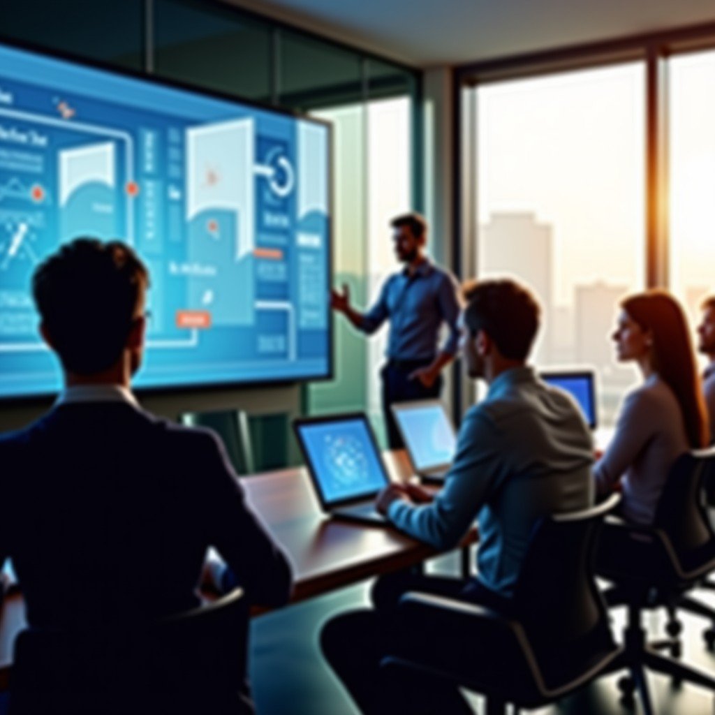 A professional setting showing a diverse group of business executives in a modern boardroom looking at digital data projections on a glass wall. The lighting is warm and natural with a focus on a collaborative and strategic atmosphere. 1:1