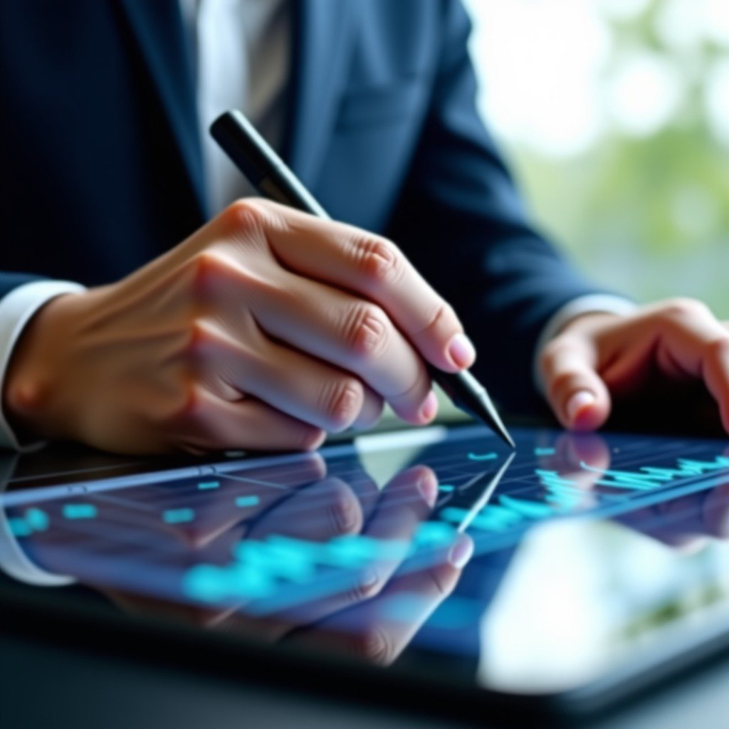 Close-up of a professional investor's hands using a stylus on a tablet showing advanced stock market analysis tools. 1:1