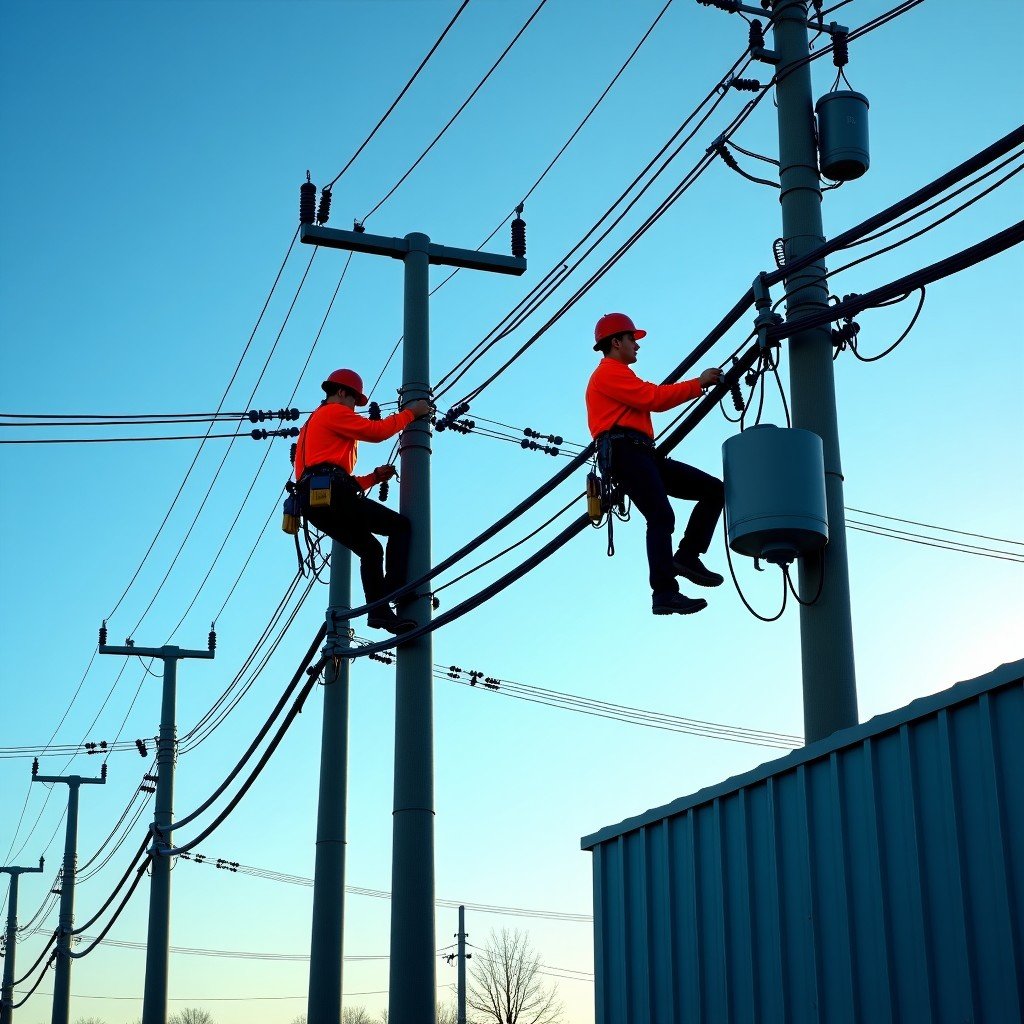 Professional utility workers in high-visibility gear working on complex electrical power lines and transformers against a clear blue sky, realistic cinematic lighting, wide angle, 4:3