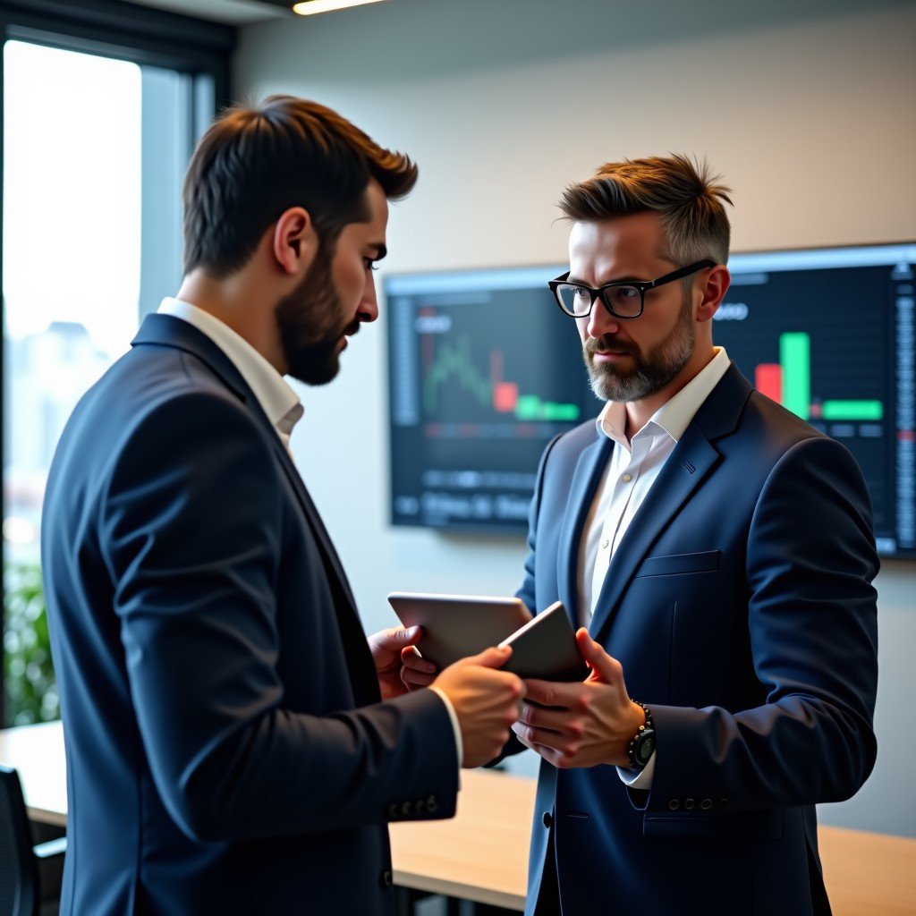 Two experienced male financial traders in a modern office having a serious discussion over digital tablet and wall mounted financial monitors, natural office lighting, 4:3