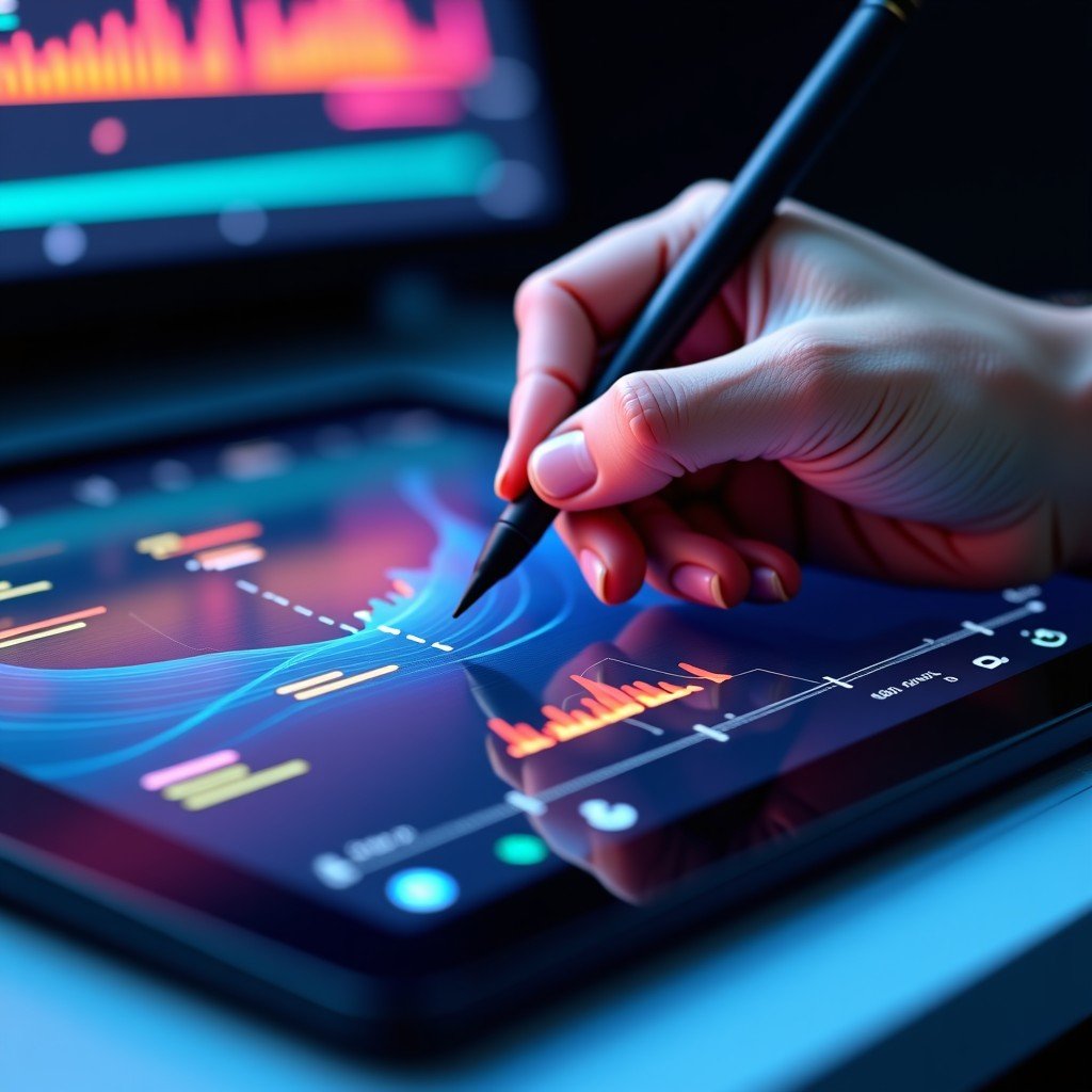Close-up of a designer's hands using a stylus on a professional tablet to create complex 2D vector animations. The screen shows timeline layers and motion paths with vibrant colors. High contrast and clean composition. 4:3