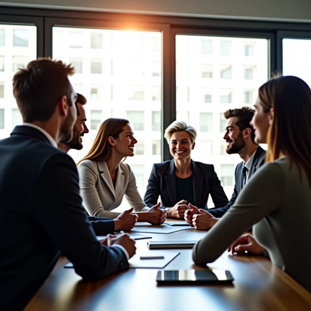 A professional business meeting scene with diverse office workers engaged in a respectful conversation. The atmosphere is bright and modern, with natural sunlight coming through large windows. High-quality lifestyle photography, centered focus, 4:3