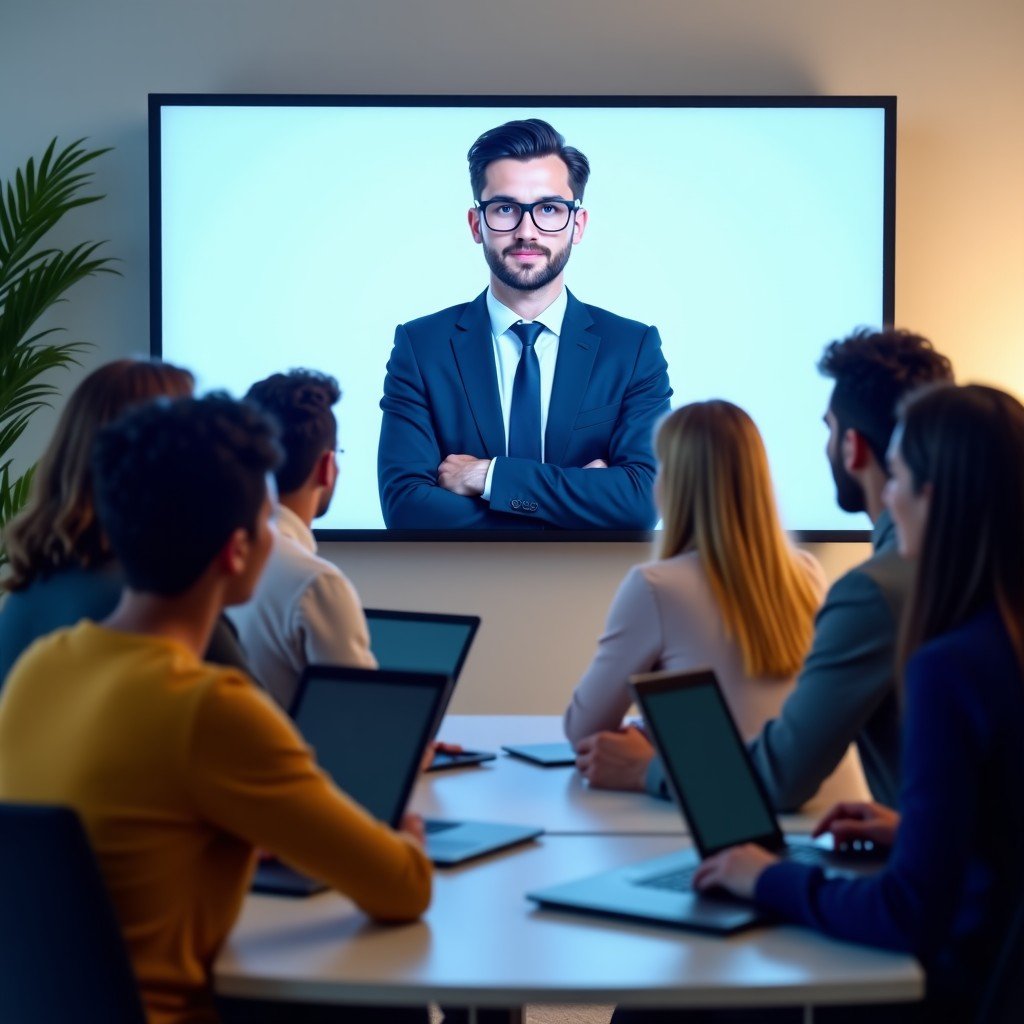 A group of diverse corporate employees in a bright office environment attending an AI training session. They are using laptops and looking at a screen displaying a sophisticated interface named Eliza. Natural expressions, professional setting, 4:3