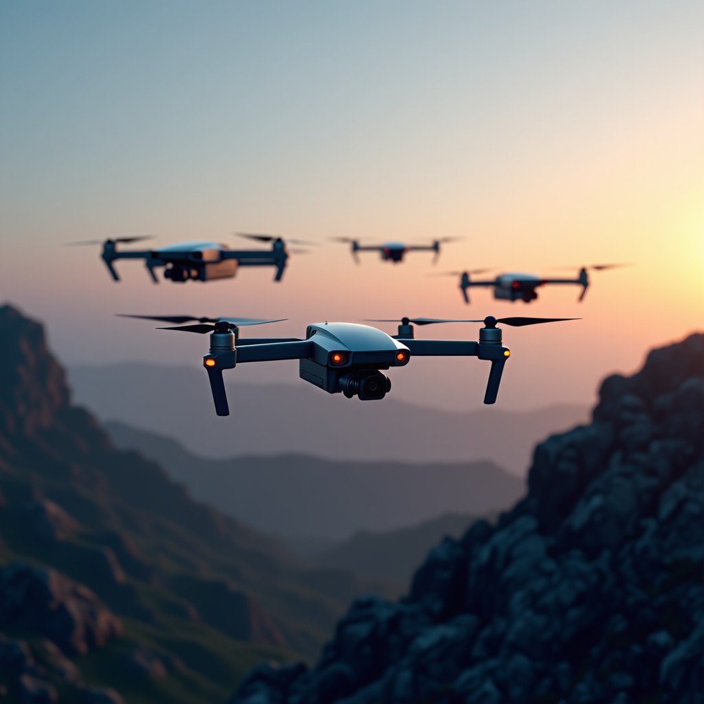 A group of sleek modern autonomous drones flying over a rugged terrain at dusk. Digital interface overlays suggesting AI target identification and pathfinding are visible in the air. High-tech military surveillance aesthetics, realistic texture, 4:3.