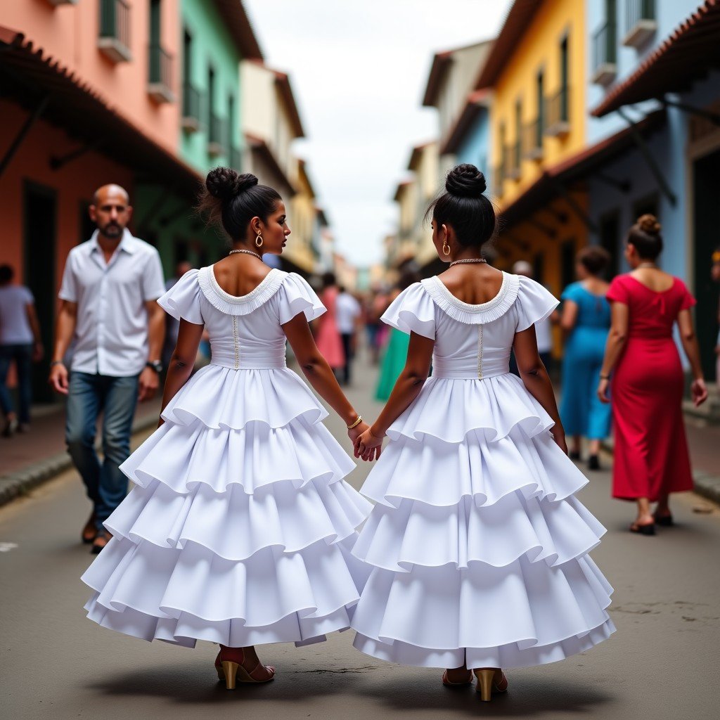 Salvador Bahia street scene, Bahiana women in traditional voluminous white layered dresses, historical colonial background, vibrant street market setting, 1:1