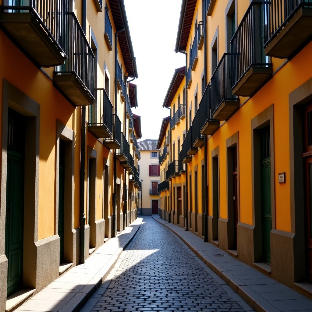 A narrow cobblestone street in the old town of Segovia with traditional Spanish balconies, warm morning sunlight, peaceful atmosphere, 4:3
