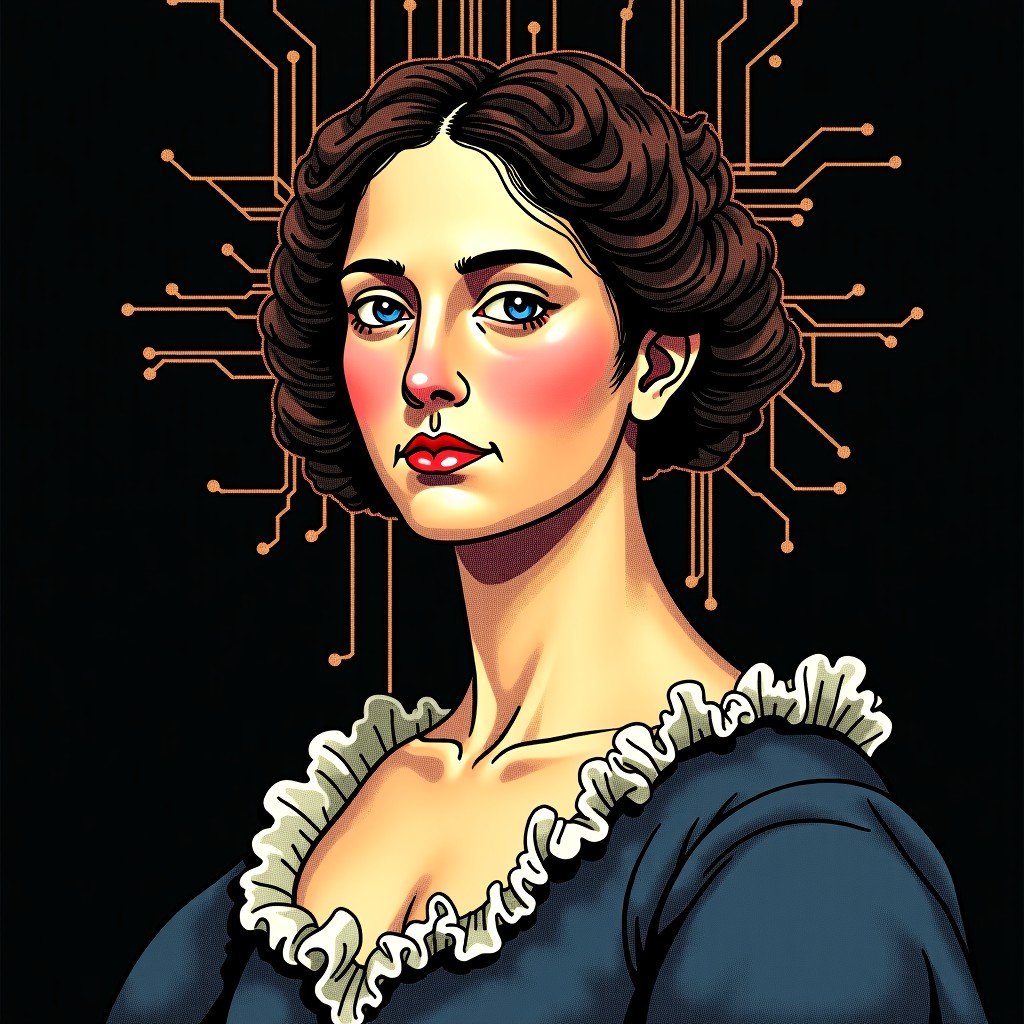 A symbolic illustration showing the portrait of Elizabeth Schuyler Hamilton blended with modern digital code and circuit patterns. A mix of textured classical painting style and glowing technological elements. High contrast, artistic and meaningful composition, 4:3