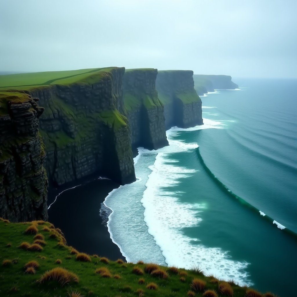 A view from the high cliffs of the Causeway Coast, looking down at the emerald green landscape and the crashing Atlantic Ocean waves, dramatic sky, cinematic atmosphere, 4:3
