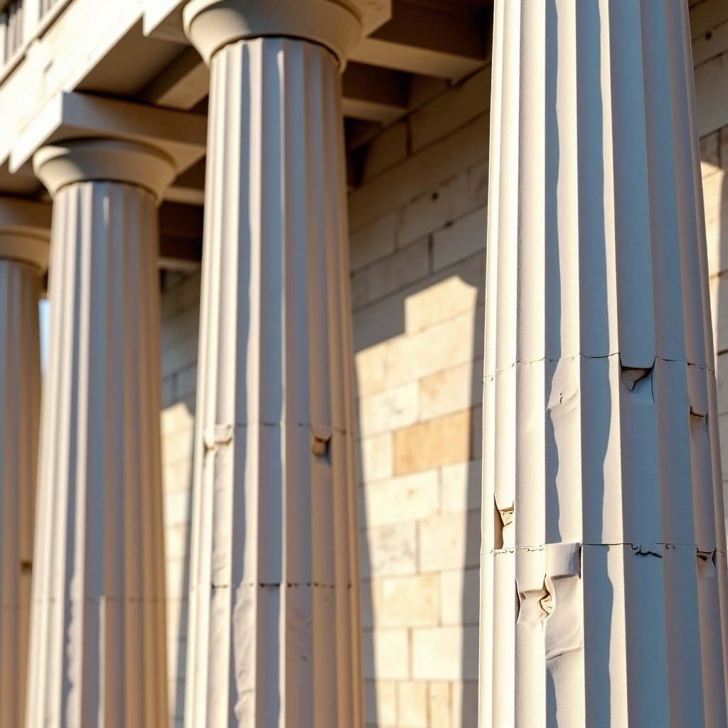 A close-up shot of the white marble columns of the Parthenon, showcasing the texture of ancient stone and detailed carvings, bright natural sunlight, 1:1
