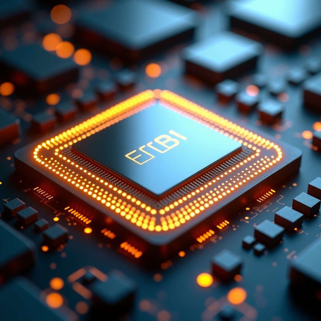 Close-up of a modern AI processor chip with gold and silver details, tech lab setting, high contrast lighting, realistic texture, 4:3