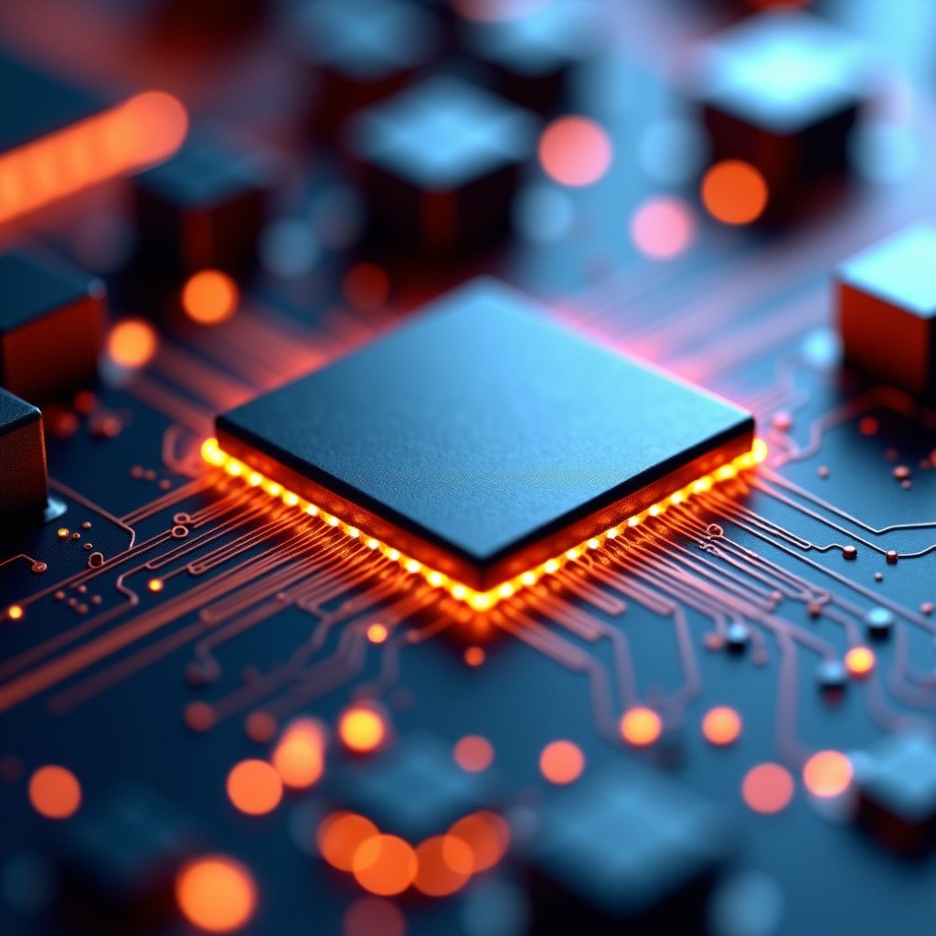Close up of advanced AI semiconductor chips on a circuit board, metallic textures, glowing data pathways, intricate engineering details, macro photography, high tech aesthetic. 4:3