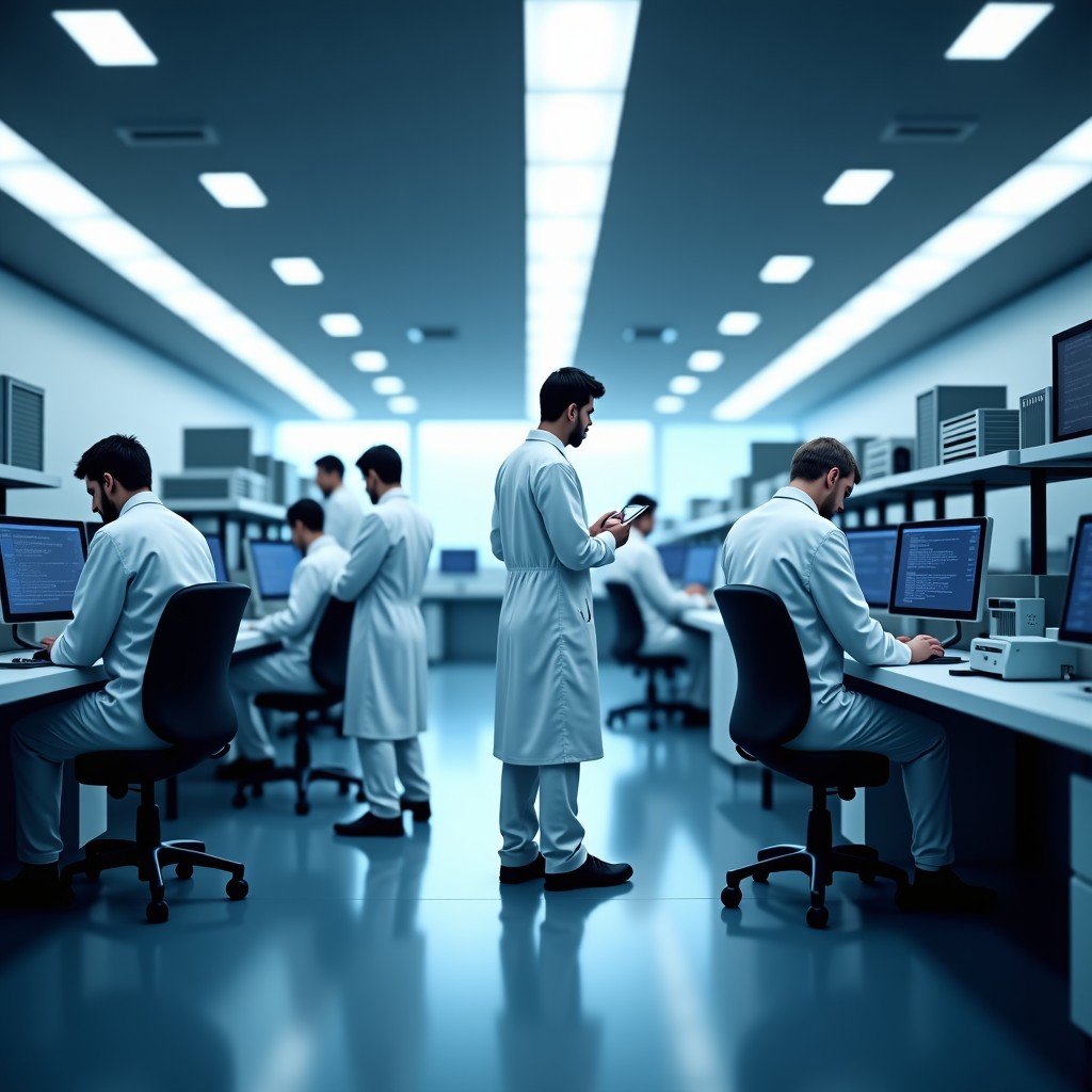 A professional cleanroom laboratory with engineers working on advanced microchips, soft laboratory lighting, modern technology equipment, 4:3