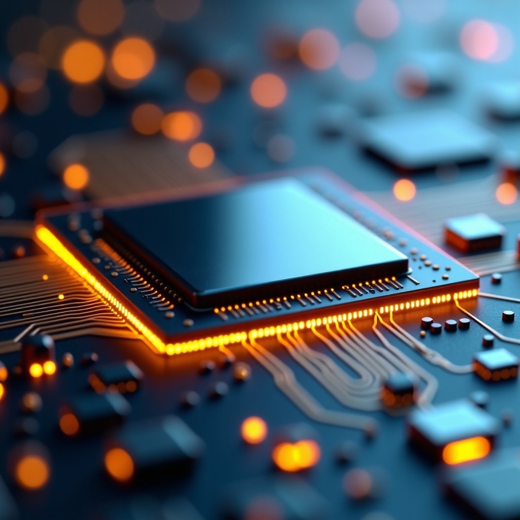 Close-up of a sophisticated AI microprocessor with intricate circuits and golden connectors, soft bokeh background, high tech aesthetic, detailed textures, 4:3