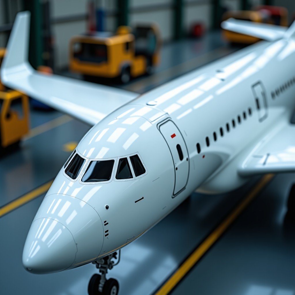 Close up of high tech aircraft fuselage components in a clean modern factory environment, industrial lighting, sharp focus, 4:3