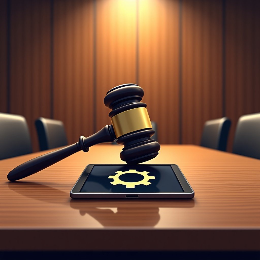 An artistic rendering of a formal conference room with a large wooden table and professional settings. Textured background with a focus on a gavel and a digital tablet showing a gear icon. No people. 4:3
