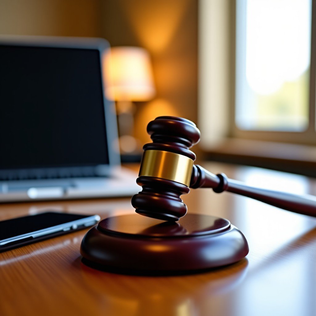 A professional wooden gavel resting on a desk next to a modern smartphone and laptop, symbolic of legal regulation in technology, warm indoor lighting, 4:3