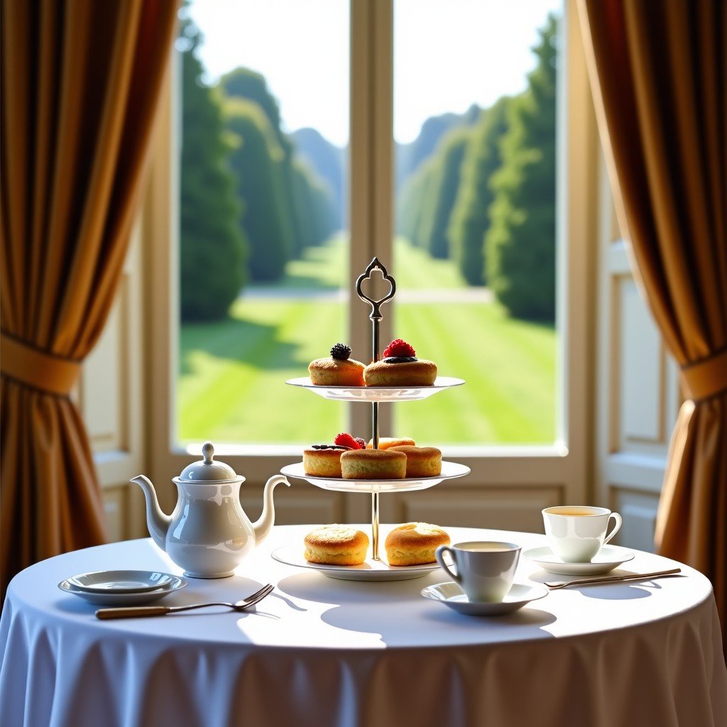 Traditional English Afternoon Tea set on a white tablecloth, tiered stand with scones and cakes, tea pot and porcelain cups, large window in background showing a green palace garden, bright sunny lighting, 1:1