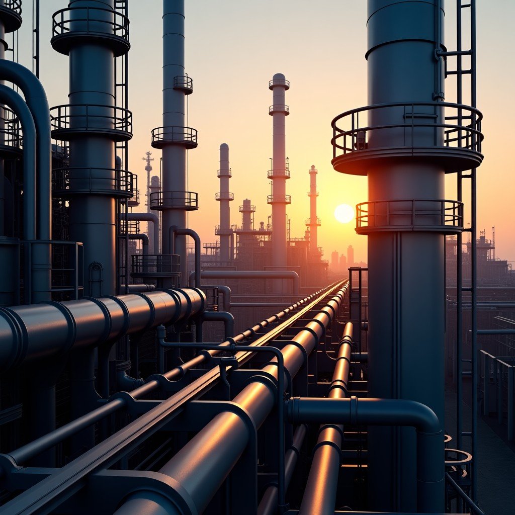 Detailed view of a modern oil refinery at dusk, intricate pipes and industrial structures, golden hour lighting, cinematic atmosphere, 4:3