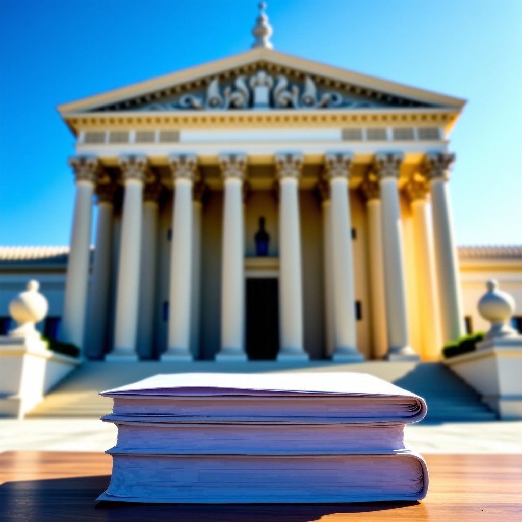 A majestic courthouse building facade with Greek columns. In the foreground, a stack of folders with investigation labels. Clear blue sky, sharp details, cinematic composition. 4:3