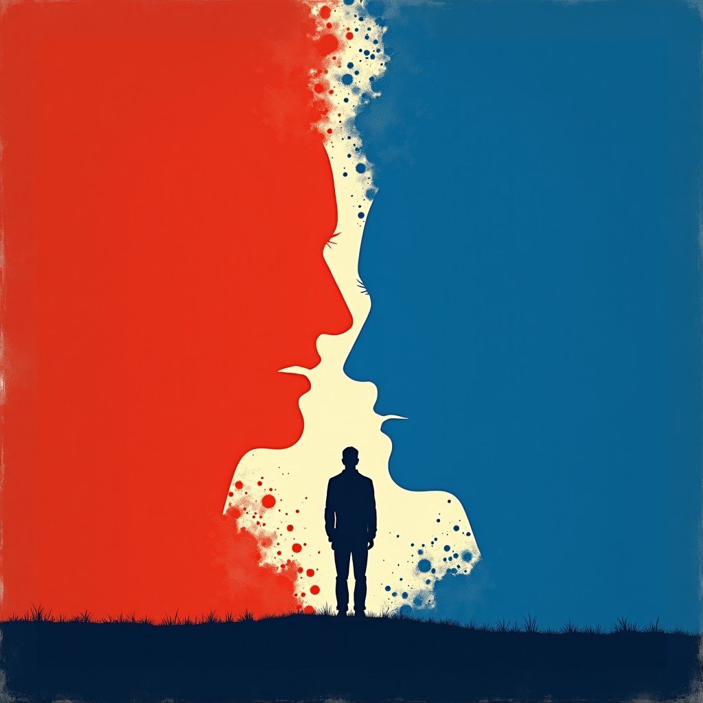 An abstract illustration representing political turmoil, blue and red colors clashing, silhouette of a person standing alone, textured artistic background, 1:1