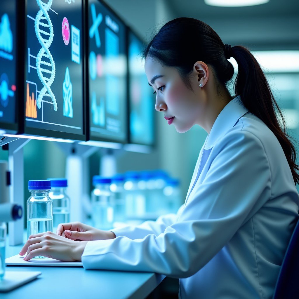 A Korean female scientist in a white lab coat working in a state-of-the-art pharmaceutical laboratory. Microscopic views and DNA structures displayed on glass screens in the background. Bright and clean clinical environment. 4:3