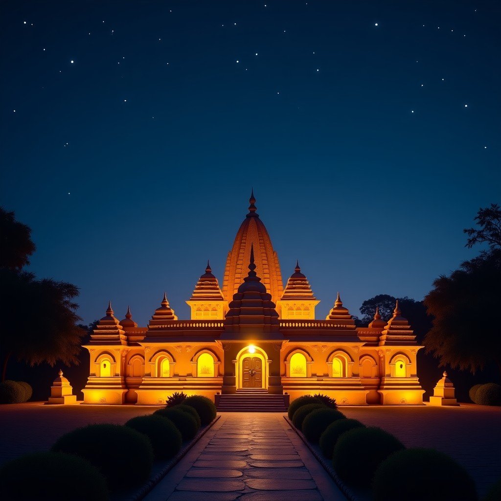 The Khajuraho temples illuminated with warm golden lights at night under a starry sky. The atmosphere is mystical and serene. Cinematic lighting, deep blue night sky, professional travel photography style. 4:3
