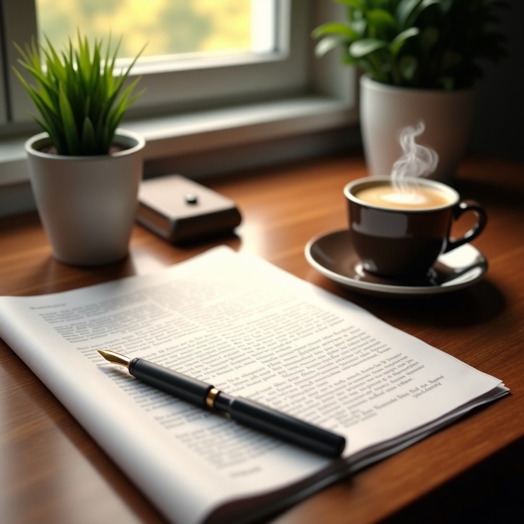 Close up of a wooden table with a physical newspaper, a fountain pen, and a handwritten letter, a cup of steaming coffee next to them, soft morning sunlight, realistic style, 4:3