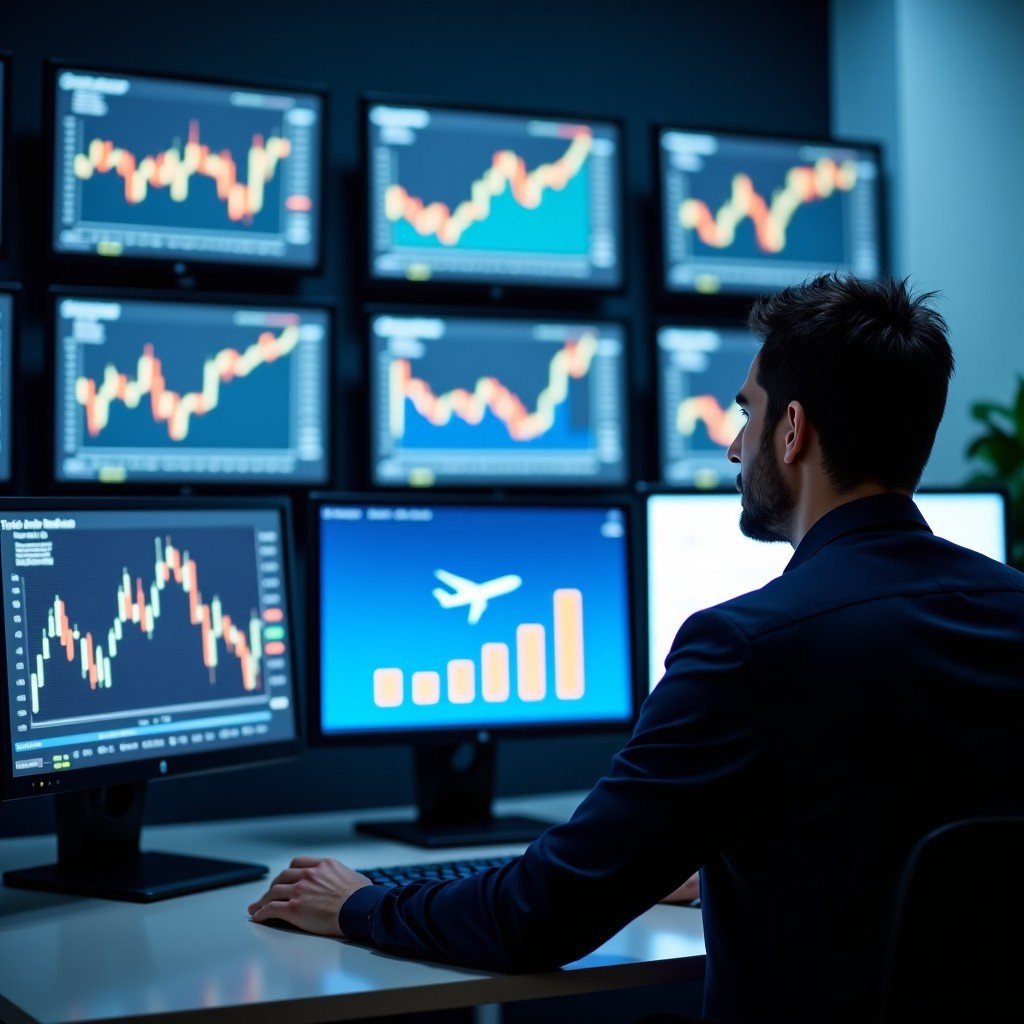 A professional male financial analyst in a modern office looking at multiple monitors displaying rising stock market charts and aviation data, professional atmosphere, 4:3