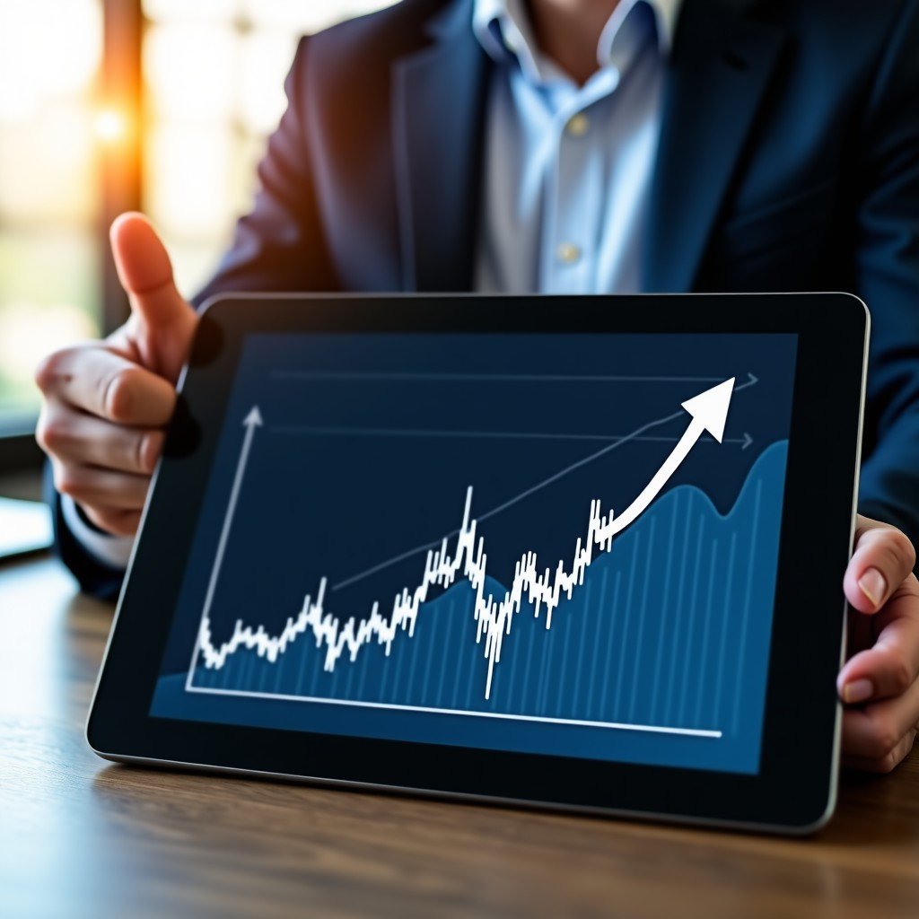 A professional financial chart on a tablet screen showing a stock price line that has dipped and is starting to curve upward. A businessman's hand is visible pointing at the potential recovery point. Warm office lighting, realistic photography. 4:3
