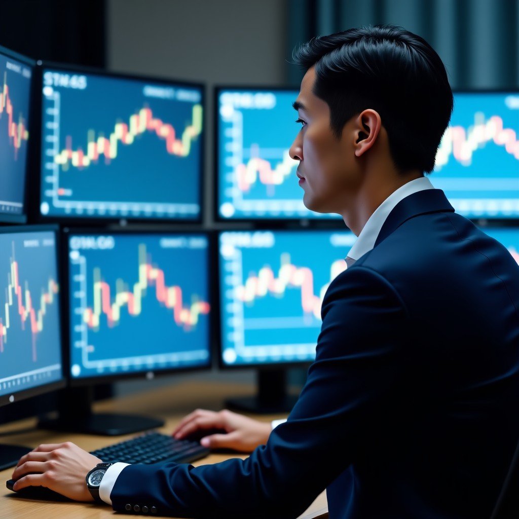 A Korean male finance professional in a suit looking concerned at multiple computer monitors displaying falling stock charts and financial data, soft office lighting, realistic photography, 4:3