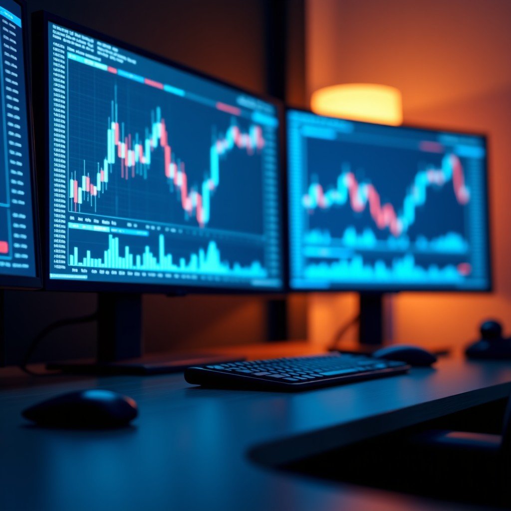 Close-up of a professional multi-monitor trading station showing various technical indicators like MACD and RSI charts. Soft blue and orange lighting, realistic high-end workspace, 4:3