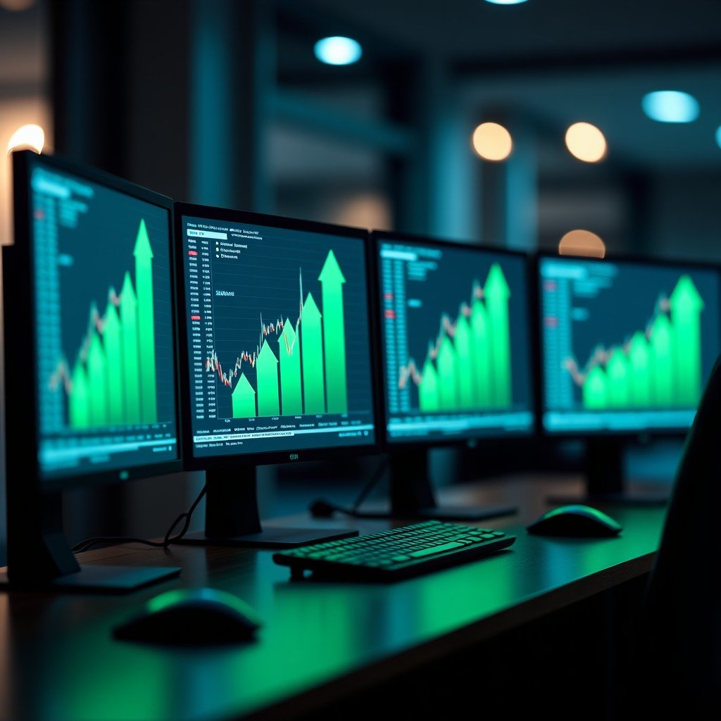 Multiple computer monitors displaying financial charts and green upward arrows in a modern dark office, focused lighting on screens, professional atmosphere, 4:3