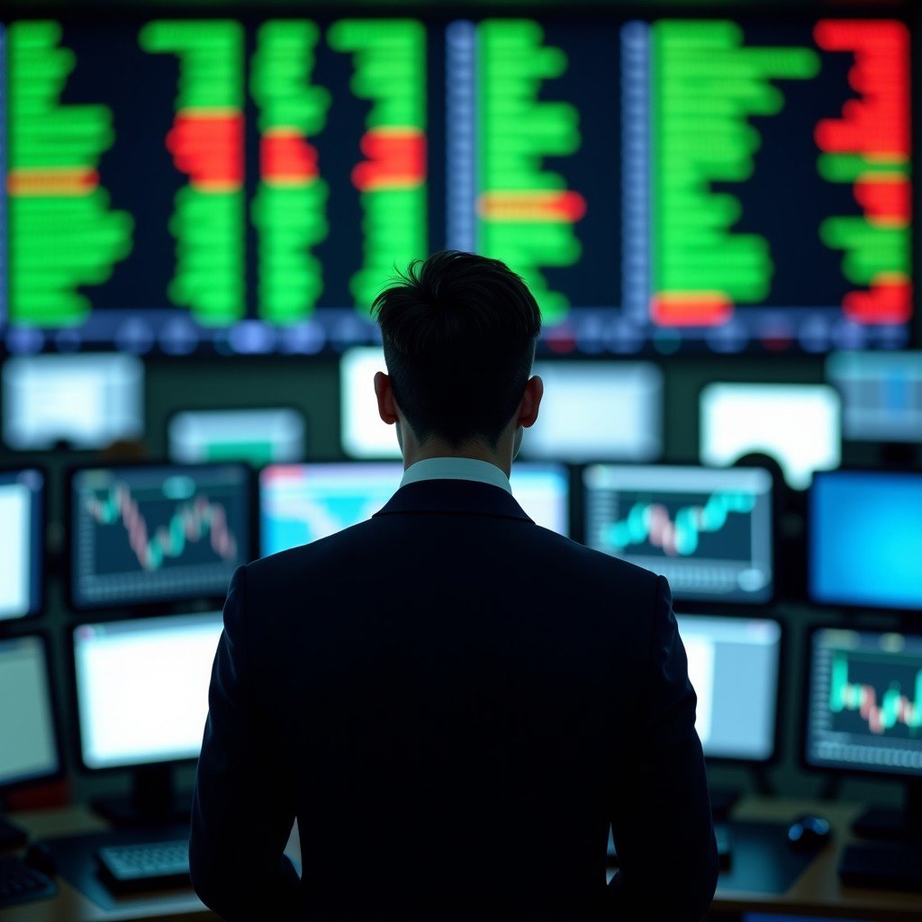 A professional stock market trading floor with large digital displays showing green and red numbers. A focused trader in a suit is looking at the screen. Modern financial district atmosphere, high contrast lighting, 4:3